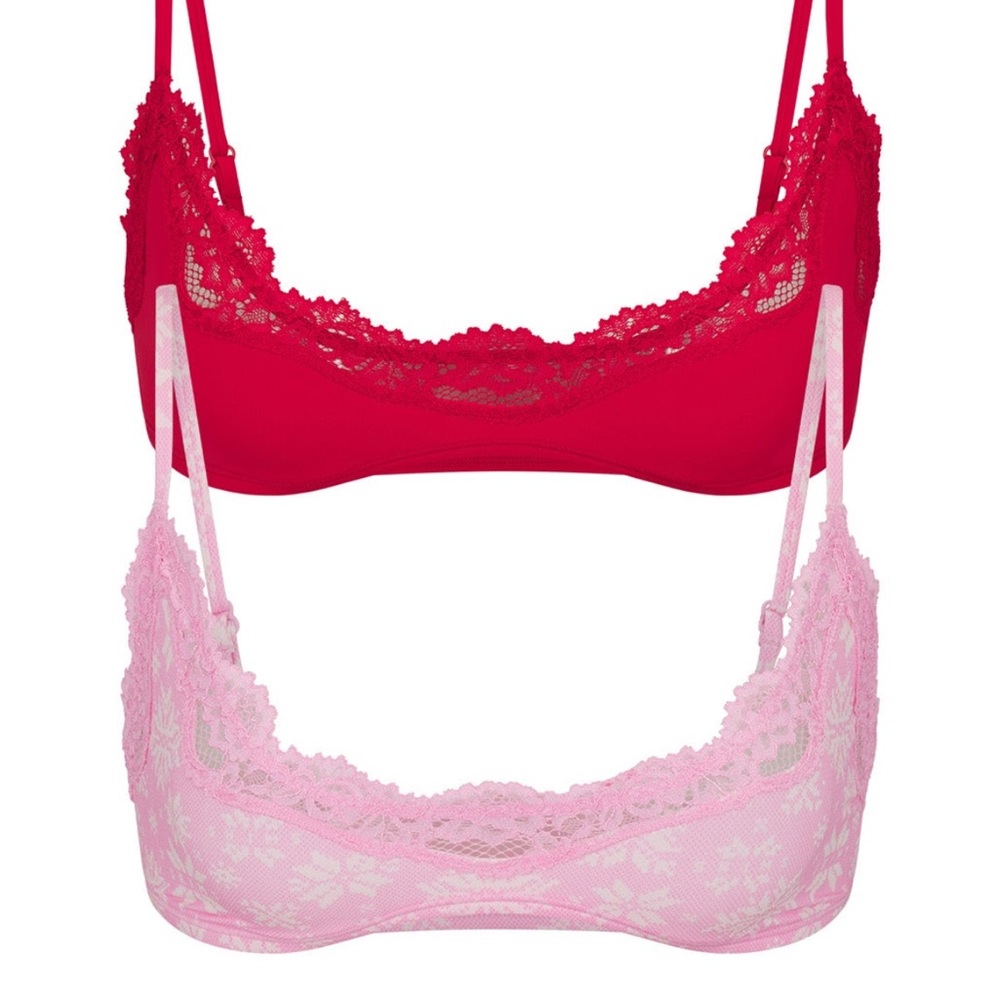 SKIMS Lace Trimmed Red and Pink Bralette Set